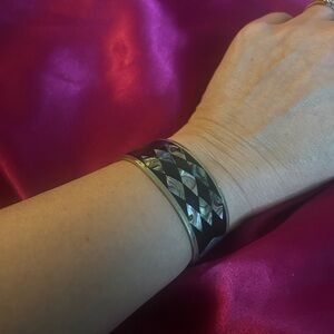 Vintage Cuff Bracelet made of Silver Black Enamel and Abalone Shell